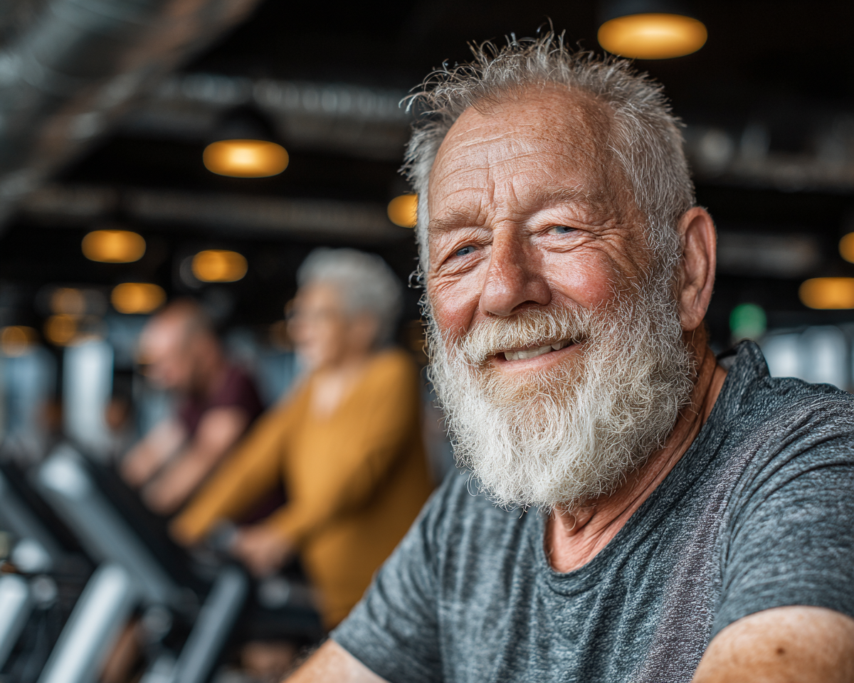 Група людей середнього віку виконують вправи в студії